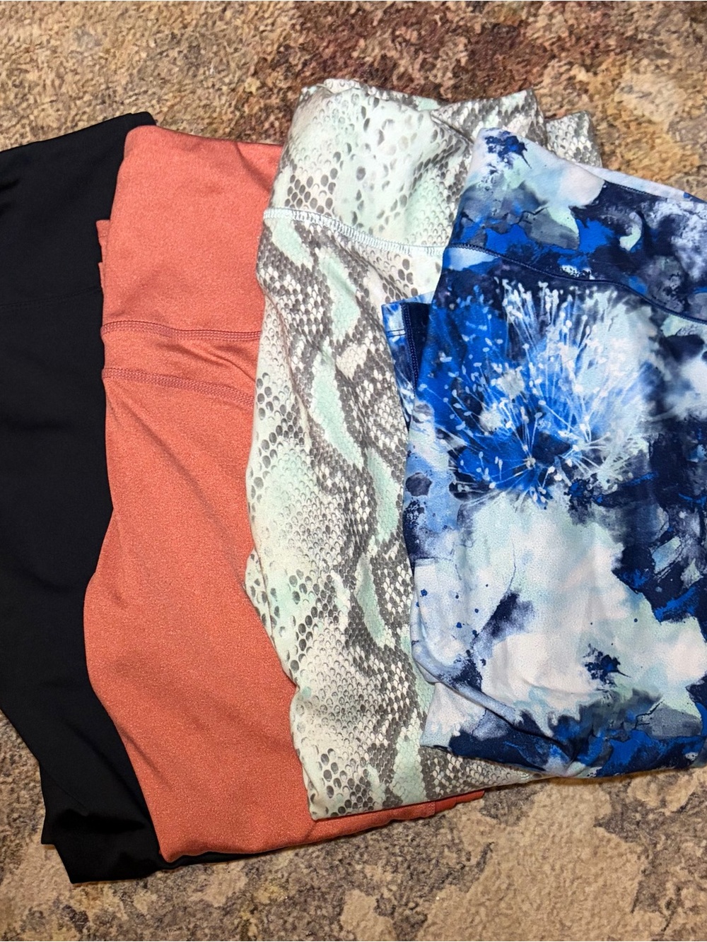 Set of Four Activewear Leggings in Black, Coral, Mint Snake, and Blue Floral